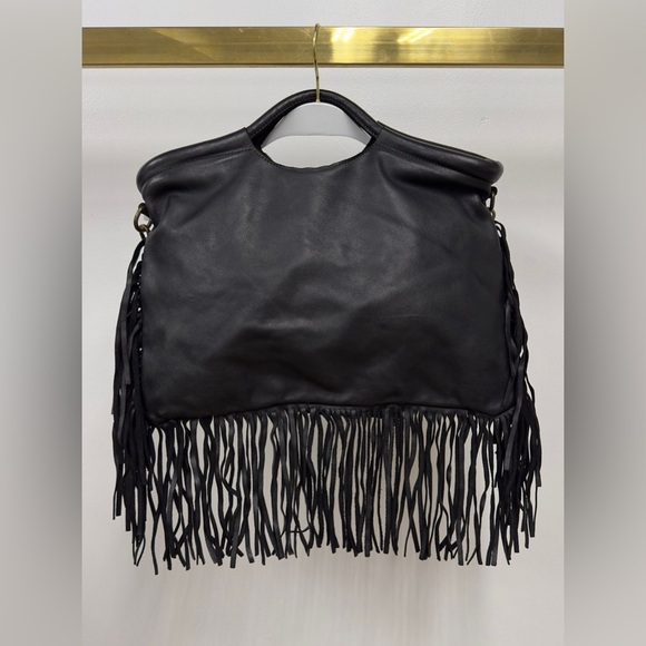 Milio Milano Handbags - (086-BLK) FRINGE LEATHER HANDBAG WITH SHOULDER STRAP